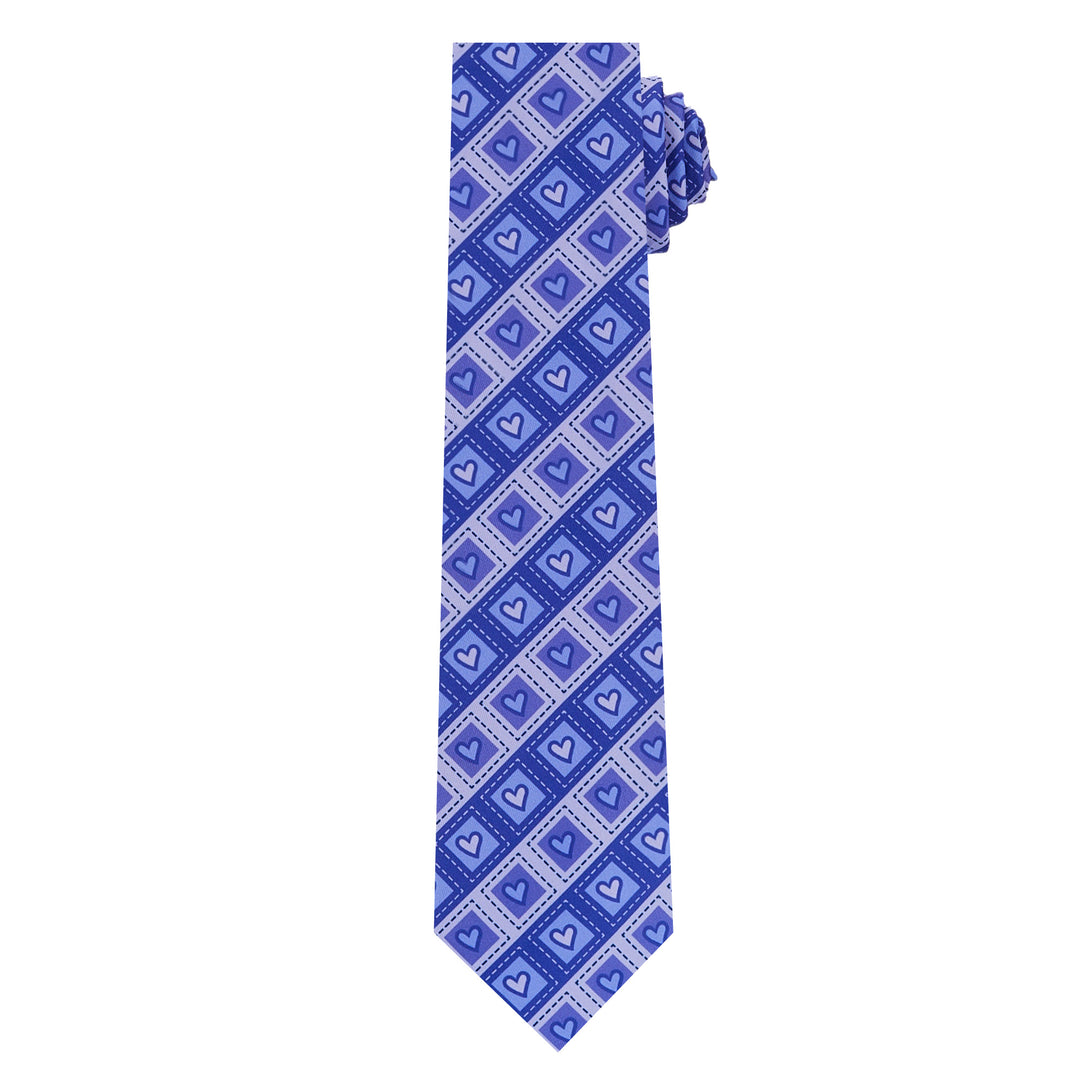 Valentine's Diagonal Striped Hearts in Squares Extra Long Tie - Purple