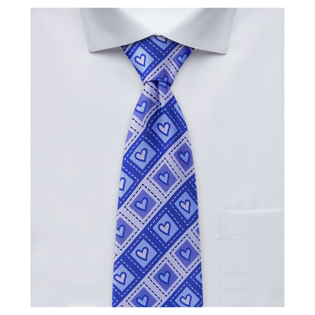 Valentine's Diagonal Striped Hearts in Squares Extra Long Tie - Purple