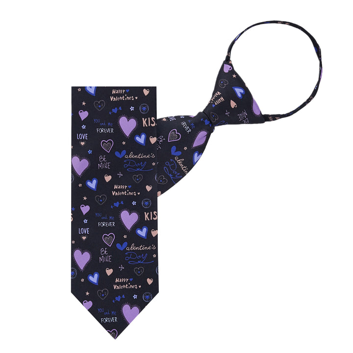Valentine's Hearts and Love Phrases Zipper Tie - Black