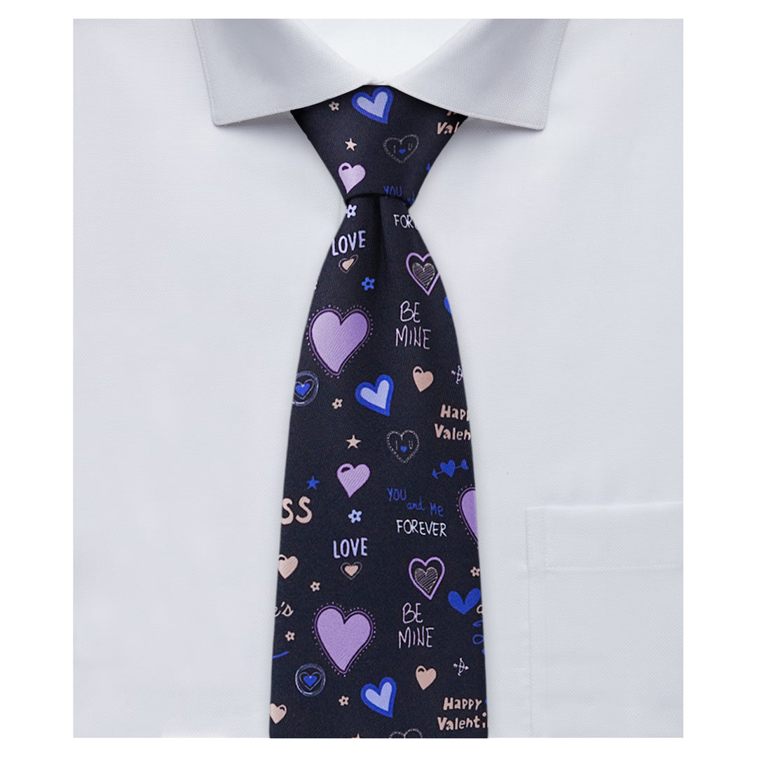 Valentine's Hearts and Love Phrases Zipper Tie - Black