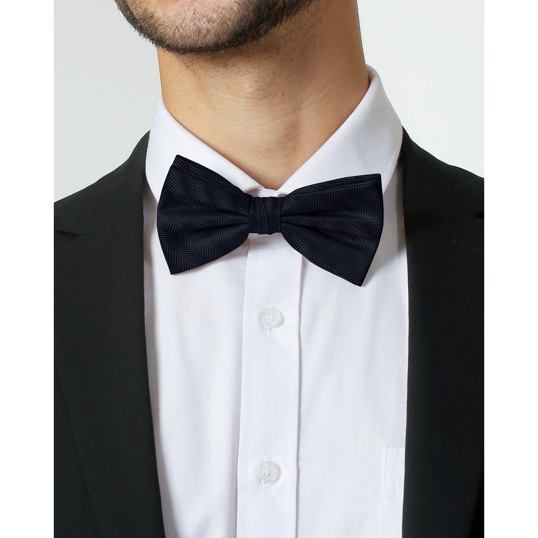 Silk Blend Chevron Banded Bow Tie - Navy Blue