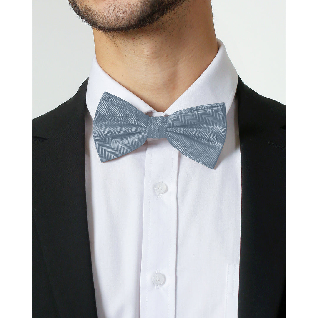Silk Blend Chevron Banded Bow Tie - Dusty Blue