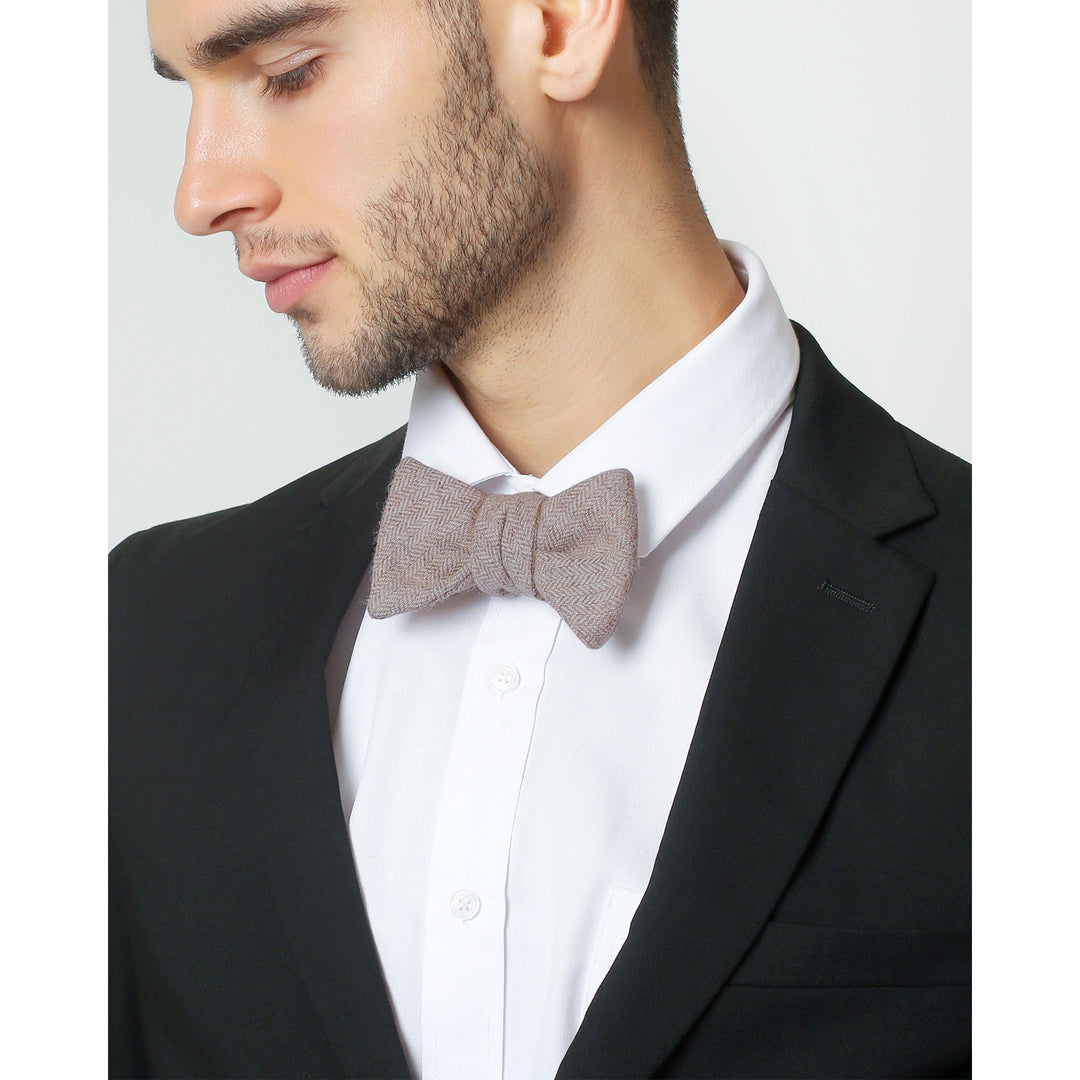 Wool Blend Herringbone Self-Tie Bow Tie - Tan/White