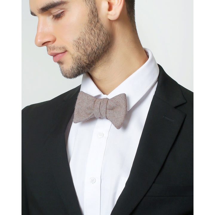 Wool Blend Herringbone Self-Tie Bow Tie - Tan/White