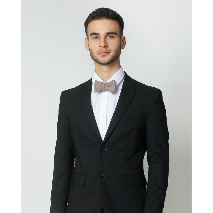 Wool Blend Herringbone Self-Tie Bow Tie - Tan/White