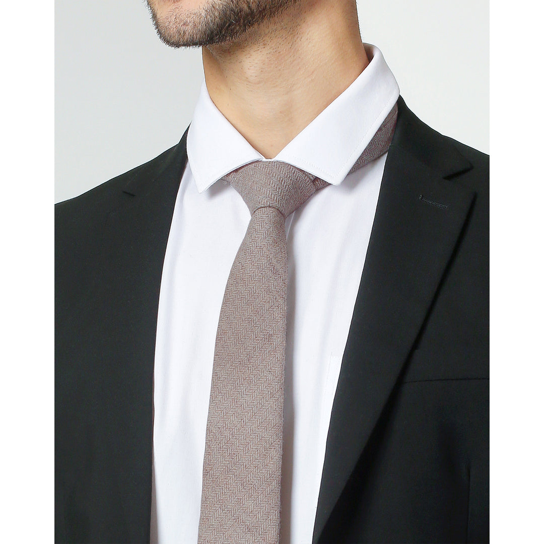 Wool Blend Herringbone Slim Tie - Tan/White
