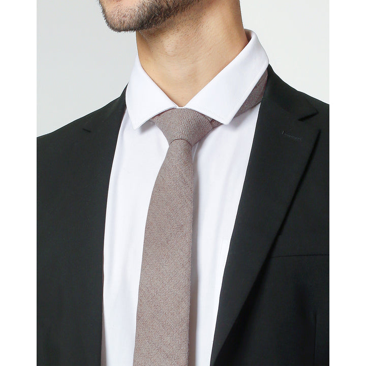 Wool Blend Herringbone Slim Tie - Tan/White