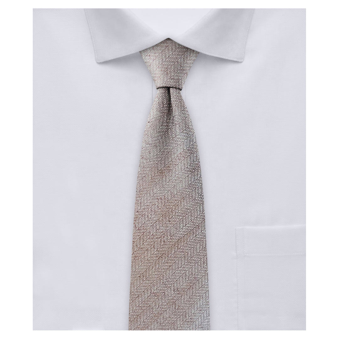 Wool Blend Herringbone Slim Tie - Tan/White