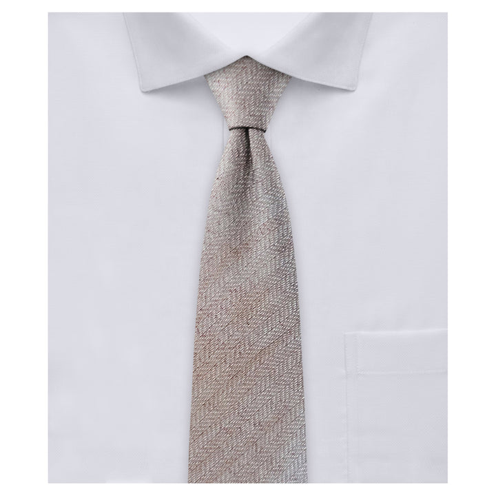 Wool Blend Herringbone Slim Tie - Tan/White