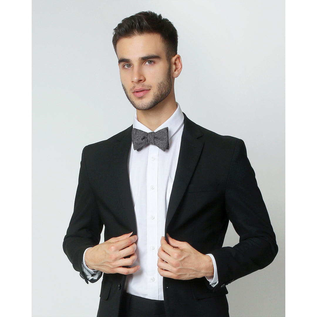 Wool Blend Herringbone Self-Tie Bow Tie - Black/Gray