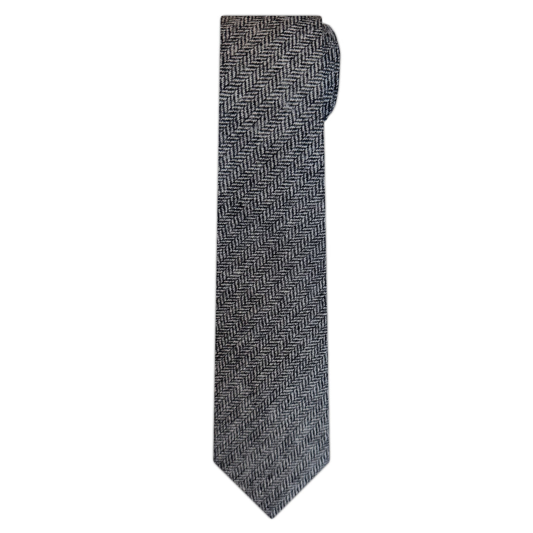 Wool Blend Herringbone Slim Tie - Black/Gray