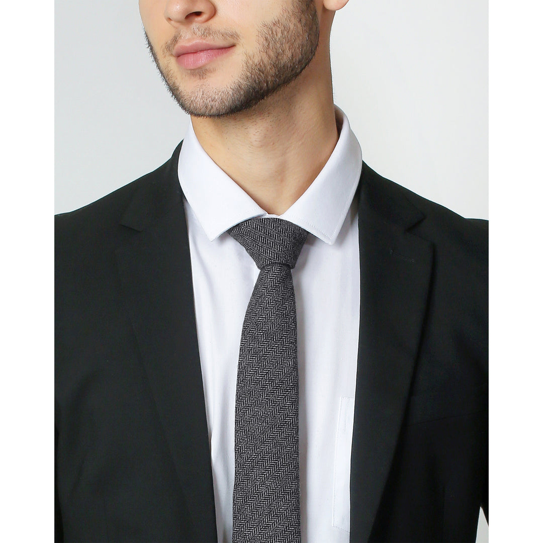 Wool Blend Herringbone Slim Tie - Black/Gray