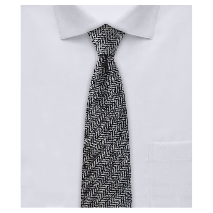 Wedding Wool Blend Herringbone Slim Tie - Black/Gray