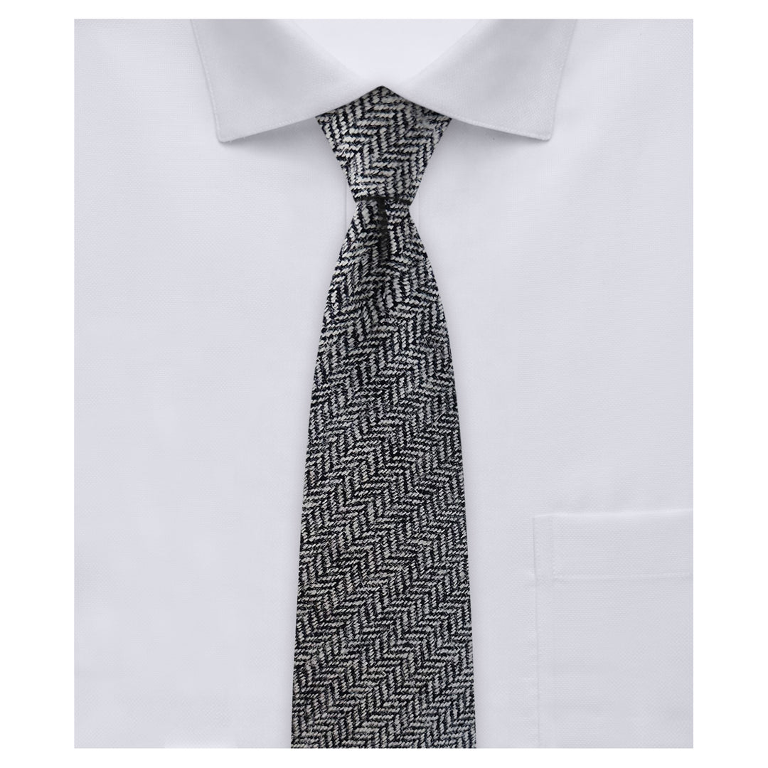 Wool Blend Herringbone Slim Tie - Black/Gray