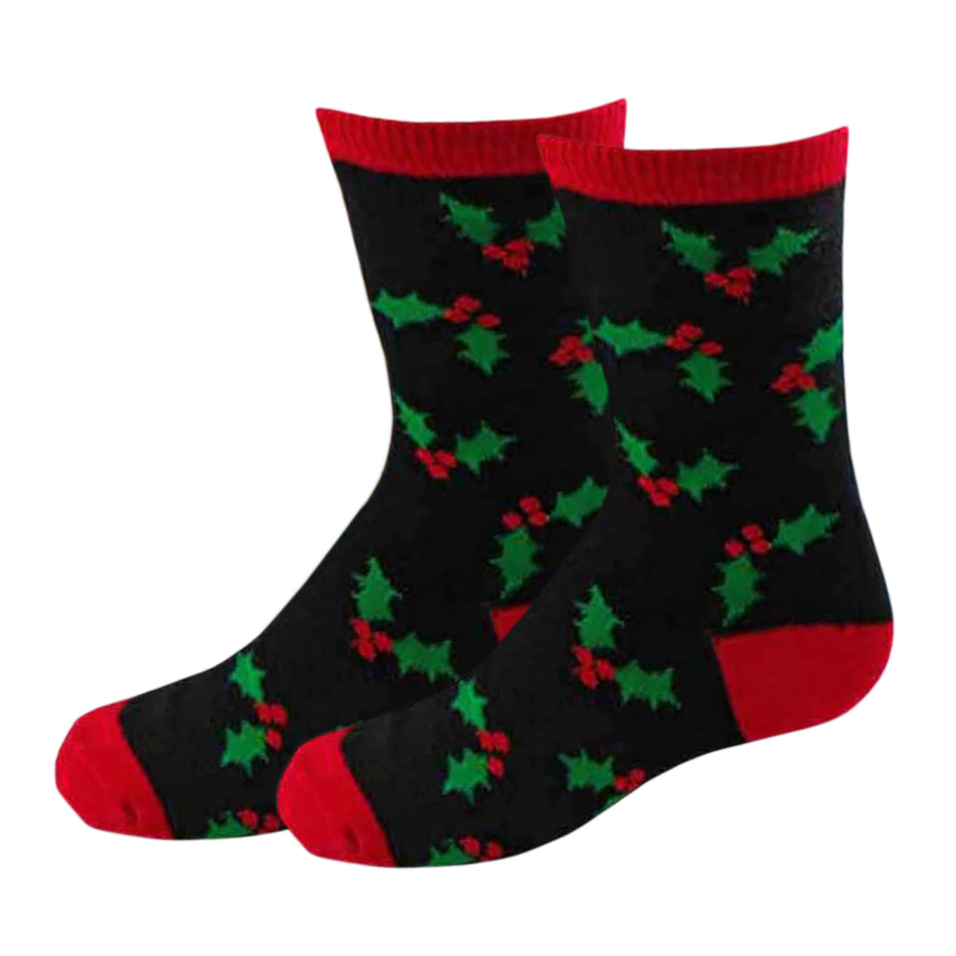 Kids' Christmas Holly and Berries Crew Socks - Black