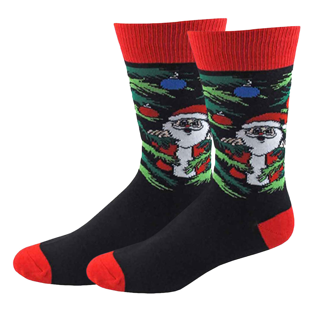 Men's Christmas Tree Ornaments and Santa Crew Socks - Black