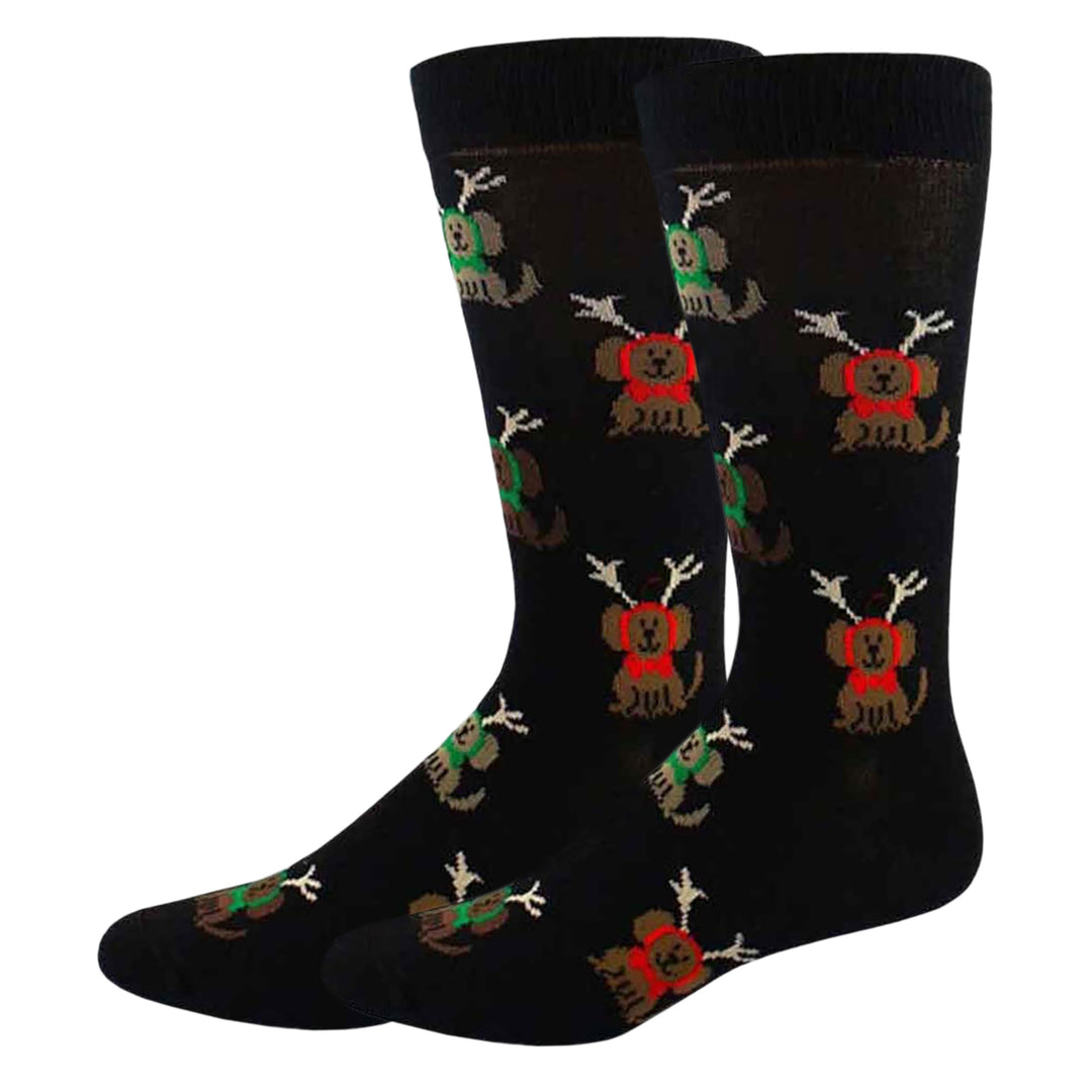 Men's Christmas Reindeer Puppy Crew Socks - Black