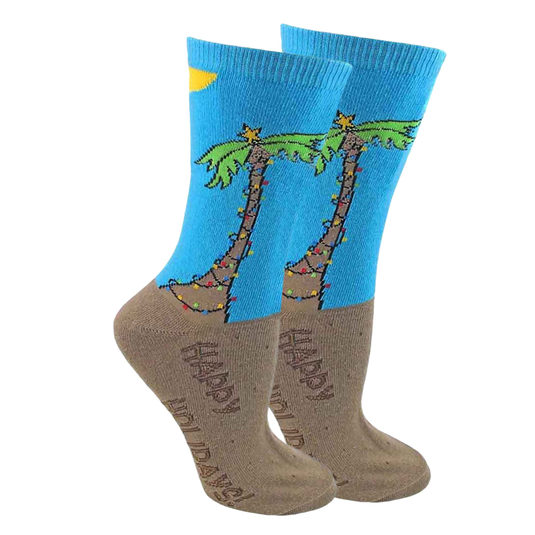 Women's Tropical Christmas Palm Tree Crew Socks - Sky Blue/Brown