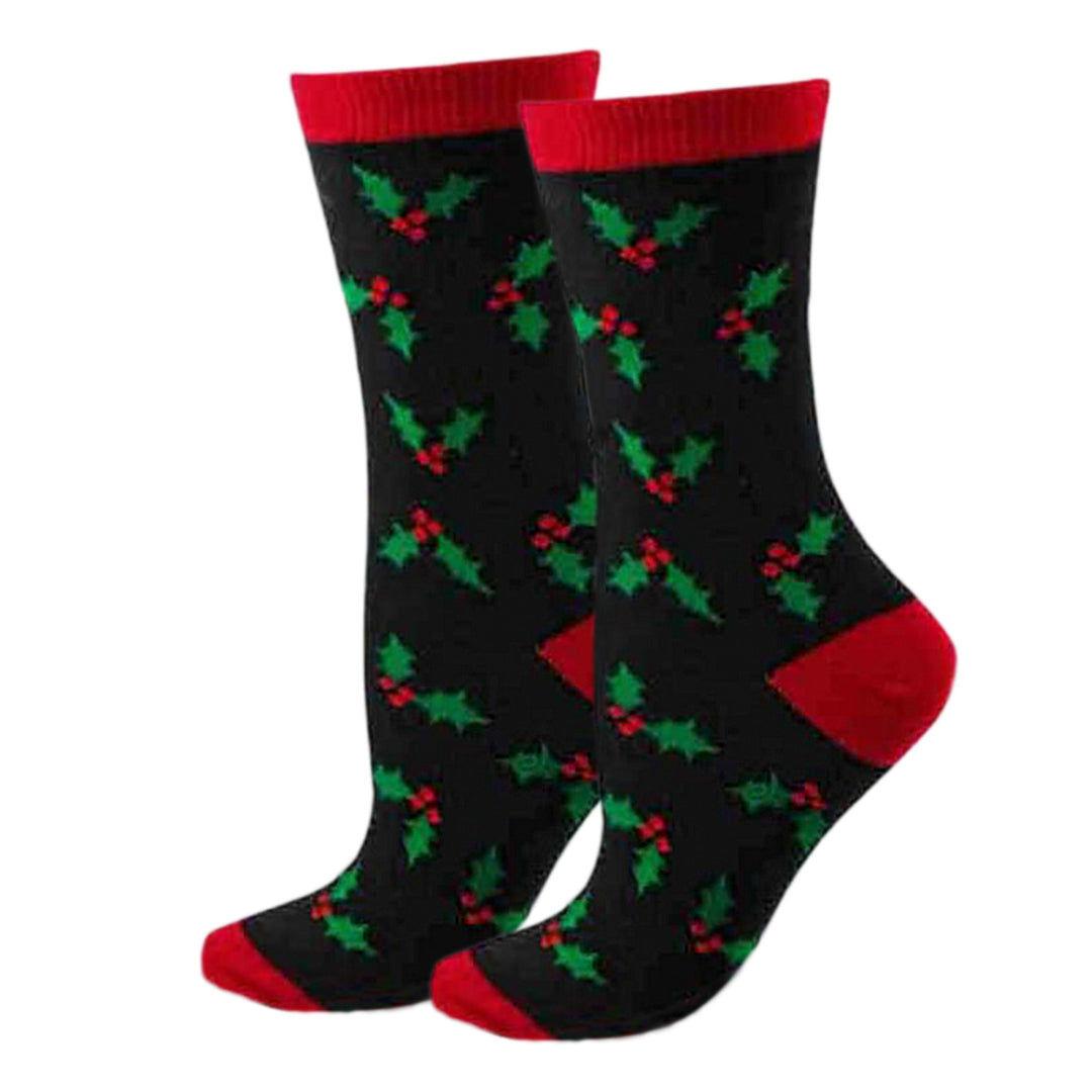 Women's Christmas Holly and Berries Crew Socks - Black
