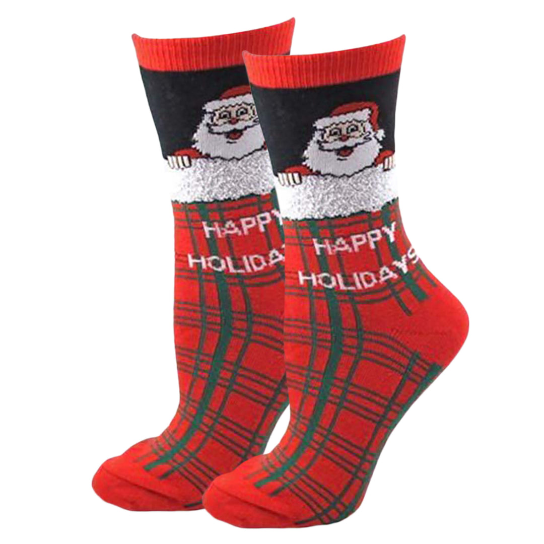 Women's Christmas Santa Plaid Crew Socks - Red/Black/Green