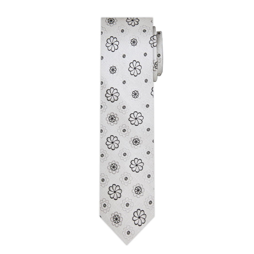 Floral Slim Tie - Silver Black