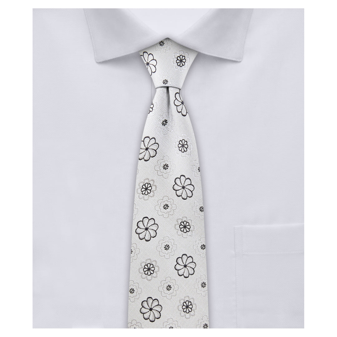 Floral Slim Tie - Silver Black