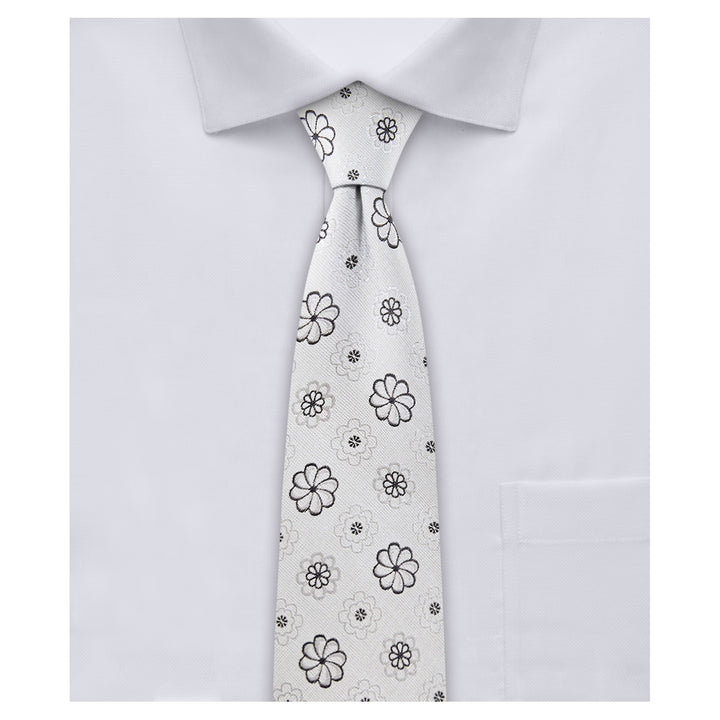 Floral Slim Tie - Silver Black