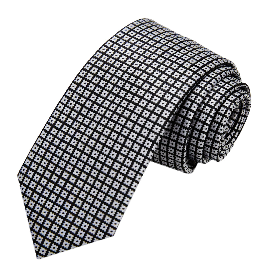 Dotted Motif Grid Slim Tie - Black Silver