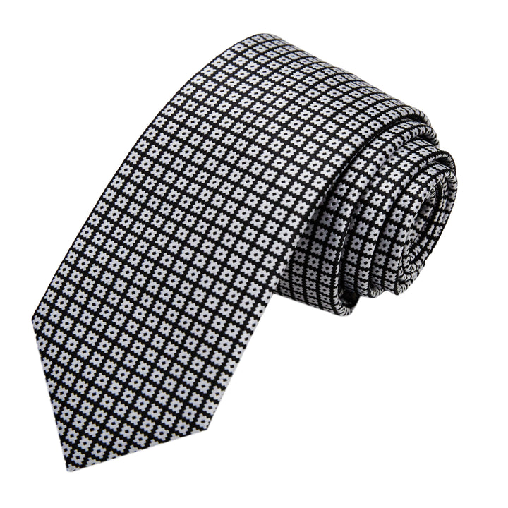 Dotted Motif Grid Slim Tie - Black Silver
