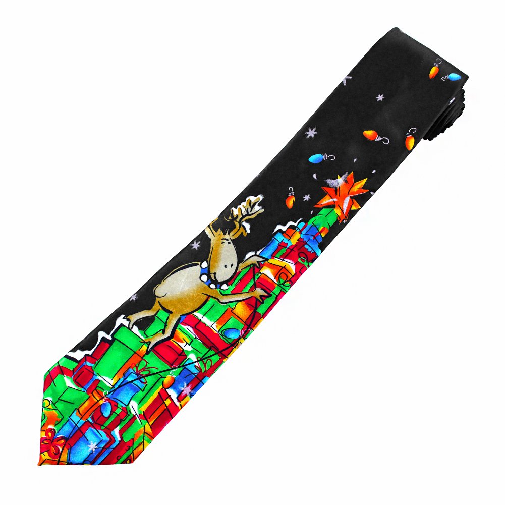 Jerry Garcia Merry Christmas Tie - Reindeer Climbing Stack of Gifts