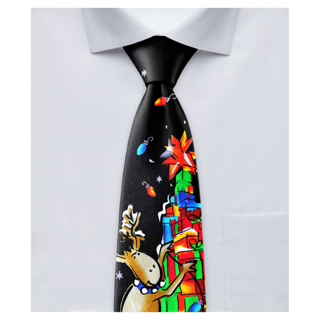 Jerry Garcia Merry Christmas Tie - Reindeer Climbing Stack of Gifts