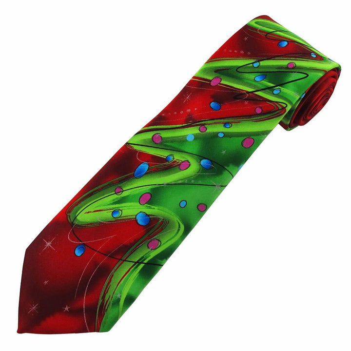 Jerry Garcia Scales Merry Christmas Tie - Green Tree Lights - Red Background