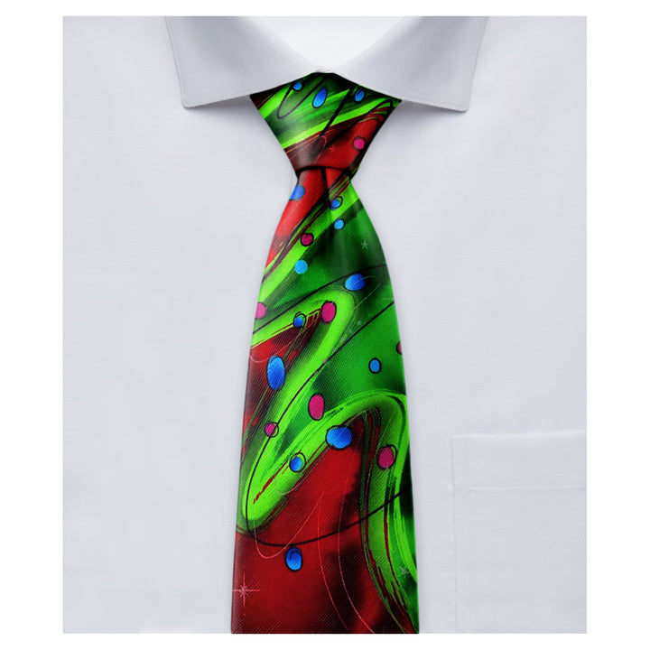 Jerry Garcia Scales Merry Christmas Tie - Green Tree Lights - Red Background