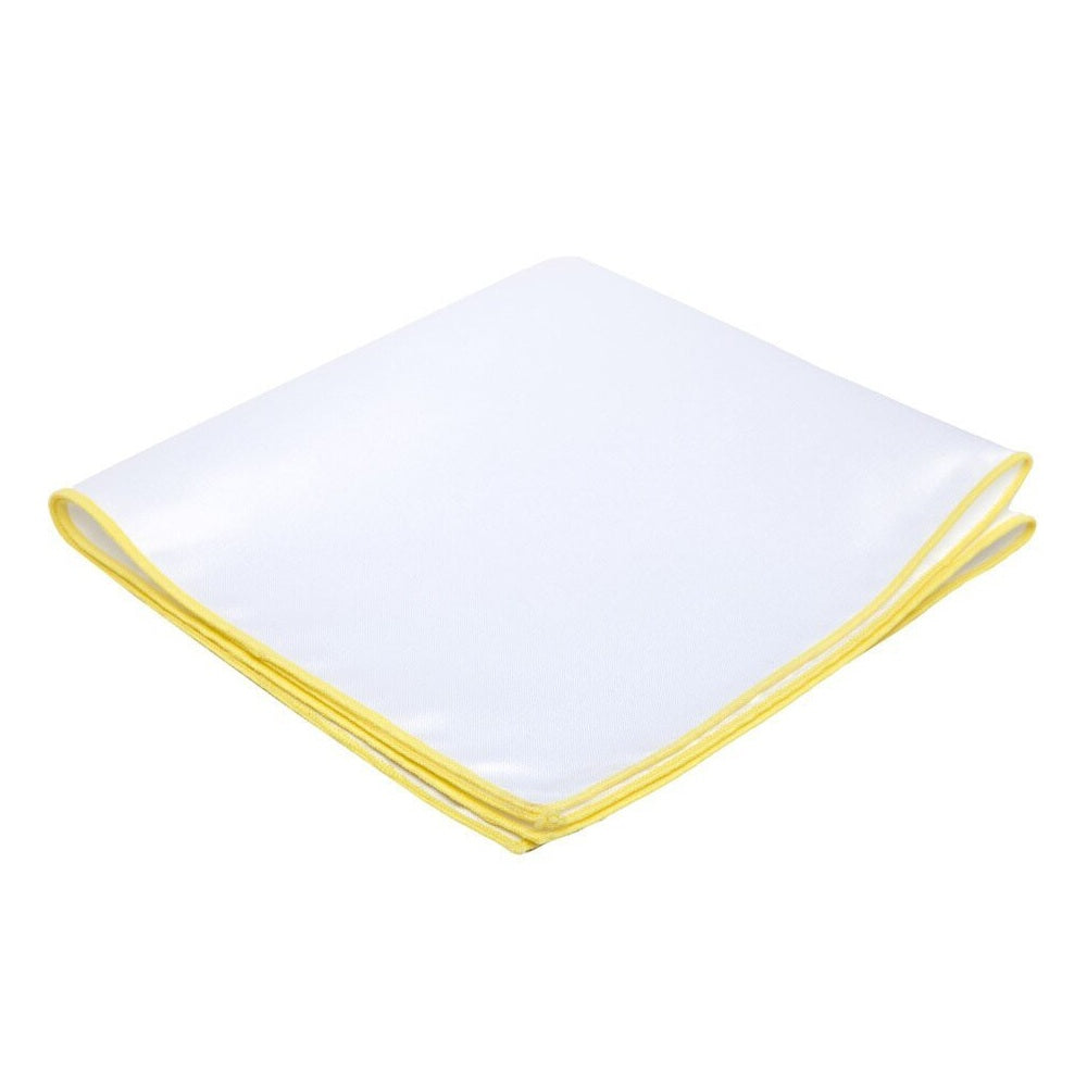 White Pocket Square Embroidered Edge - Yellow