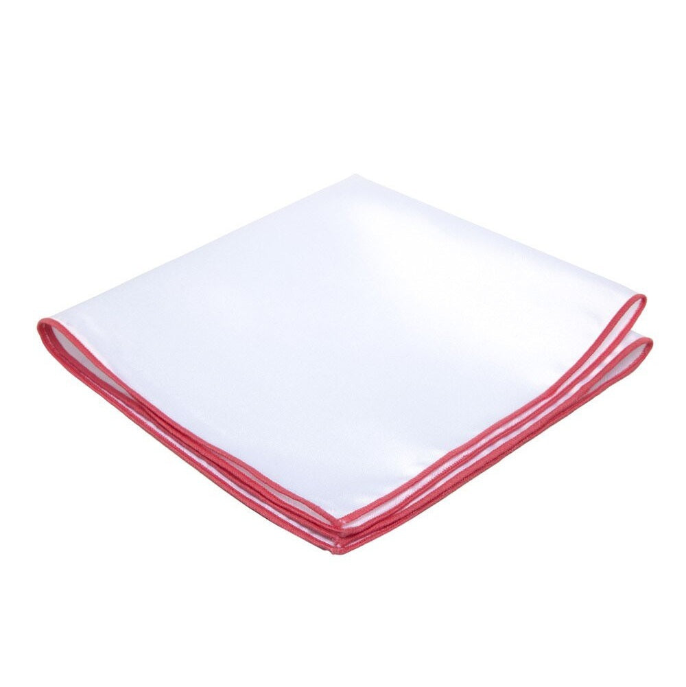 White Pocket Square Embroidered Edge - Carnation Pink