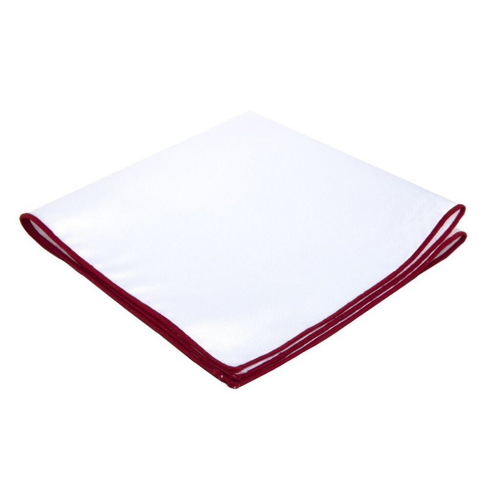 White Pocket Square Embroidered Edge - Crimson Red