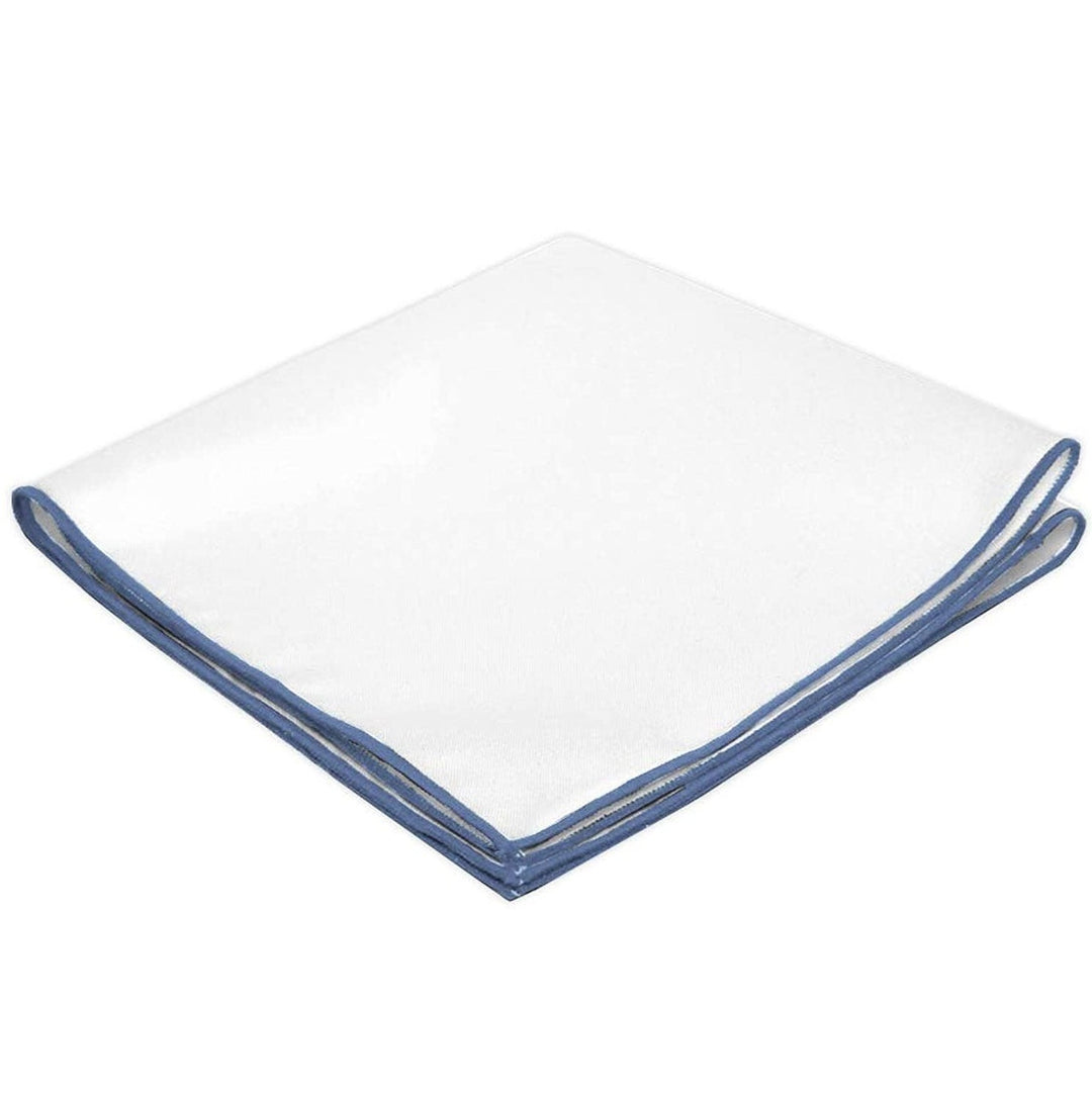 White Pocket Square Embroidered Edge - Ocean Blue