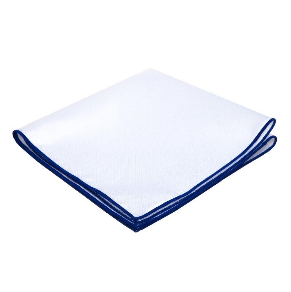 White Pocket Square Embroidered Edge - Royal Blue