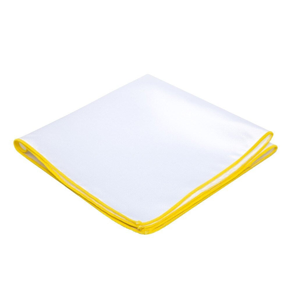 White Pocket Square Embroidered Edge - Bright Gold