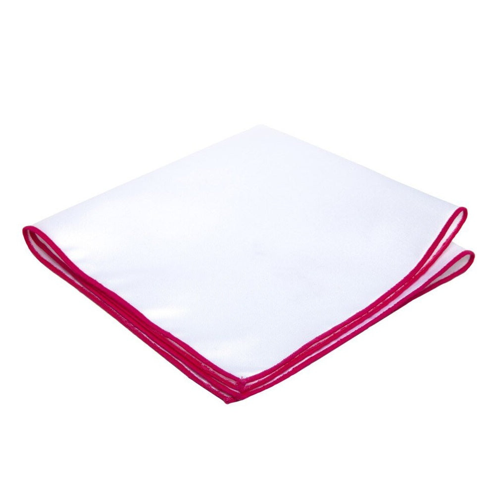 White Pocket Square Embroidered Edge - Fuchsia Pink