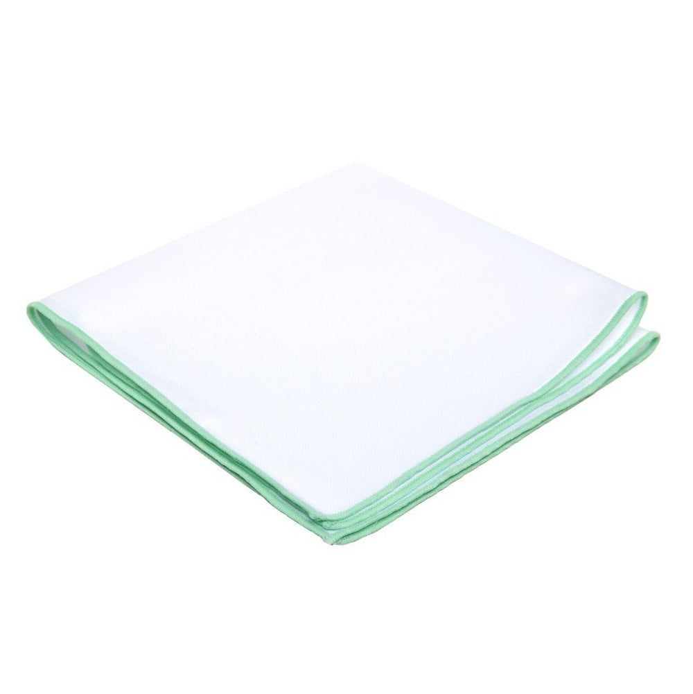 White Pocket Square Embroidered Edge - Aqua