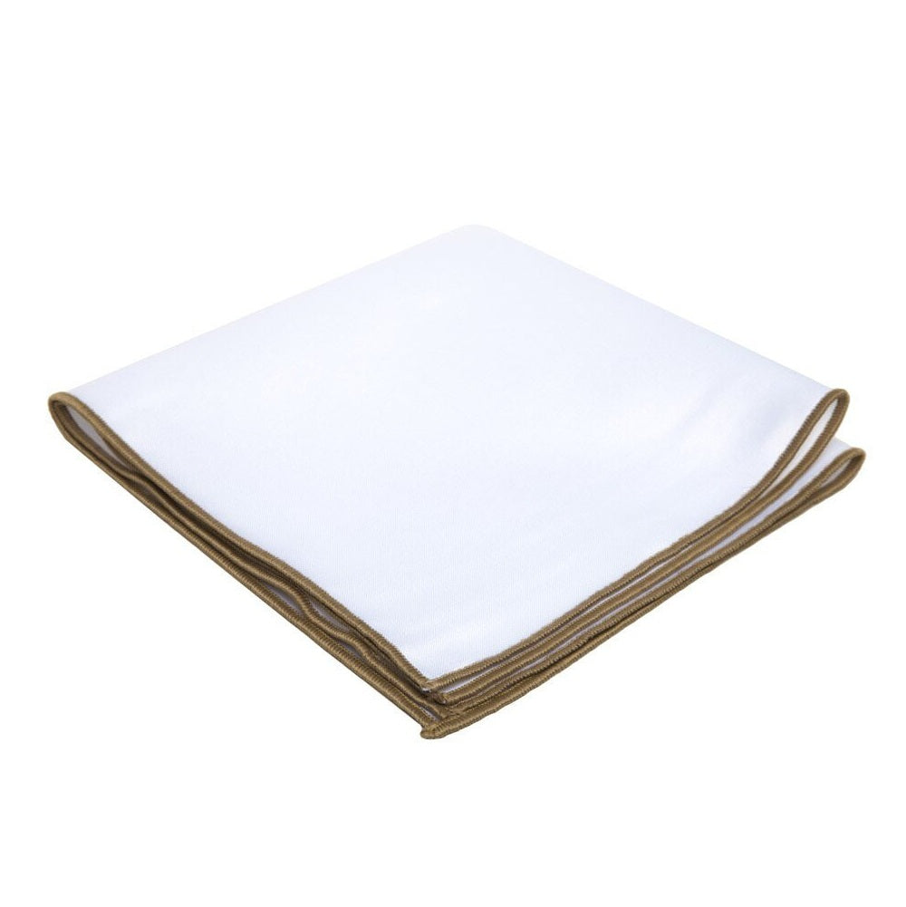 White Pocket Square Embroidered Edge - Tan