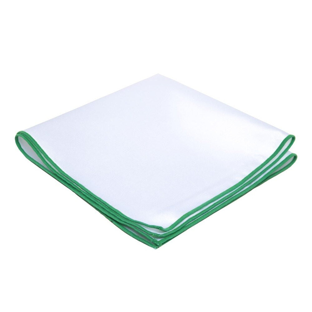 White Pocket Square Embroidered Edge - Green Apple