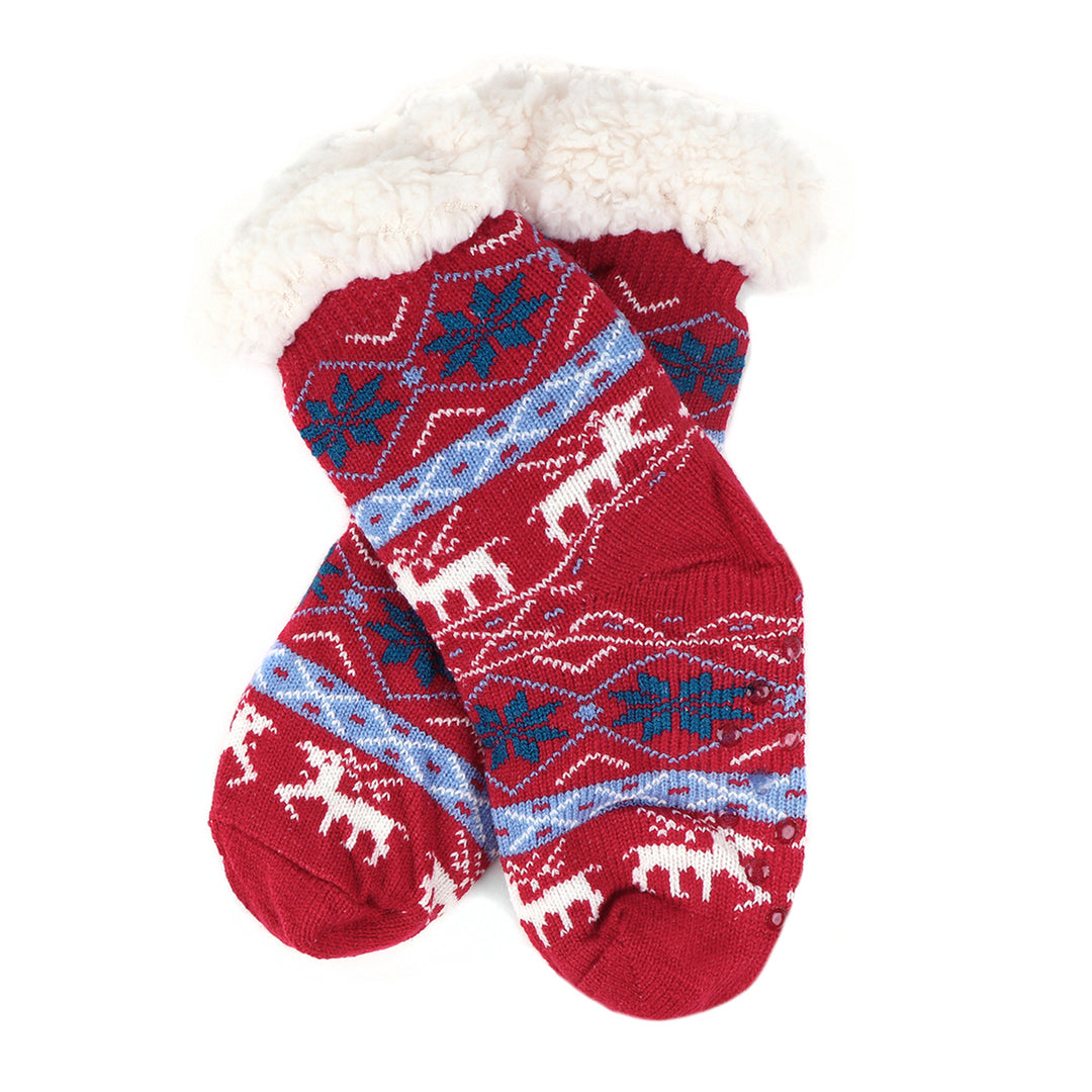 Youth's Snowflakes and Reindeer Plush Fuzzy Sherpa Slipper Socks - Red