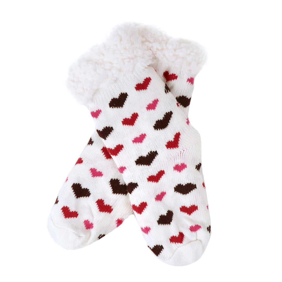 Youth's Hearts Plush Fuzzy Sherpa Slipper Socks - White Red Pink