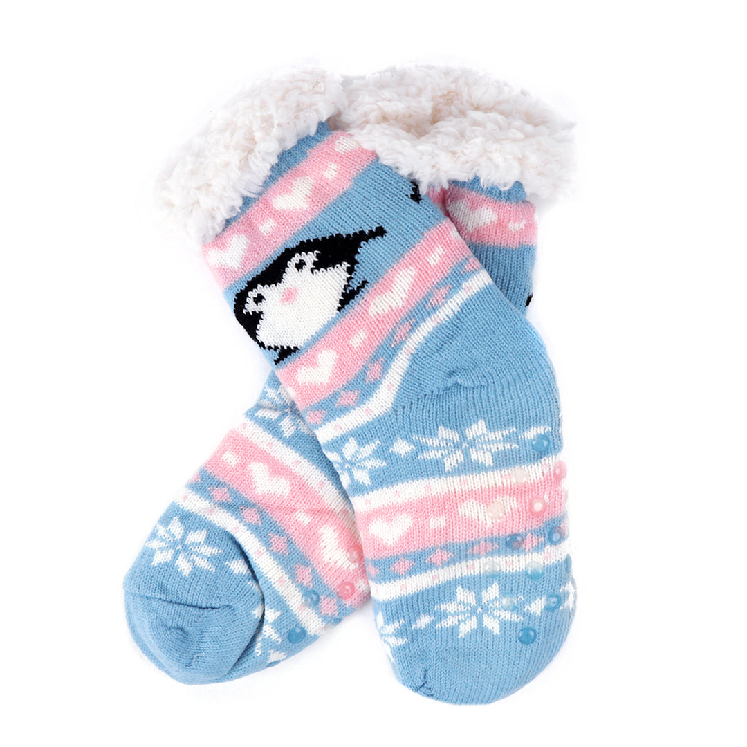 Kid's Penguin Plush Fuzzy Sherpa Slipper Socks - Baby Blue Baby Pink