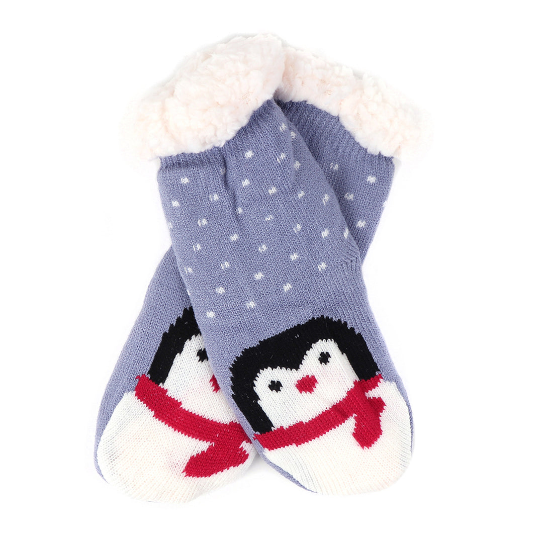 Kid's Winter Penguin Plush Fuzzy Sherpa Slipper Socks - Purple