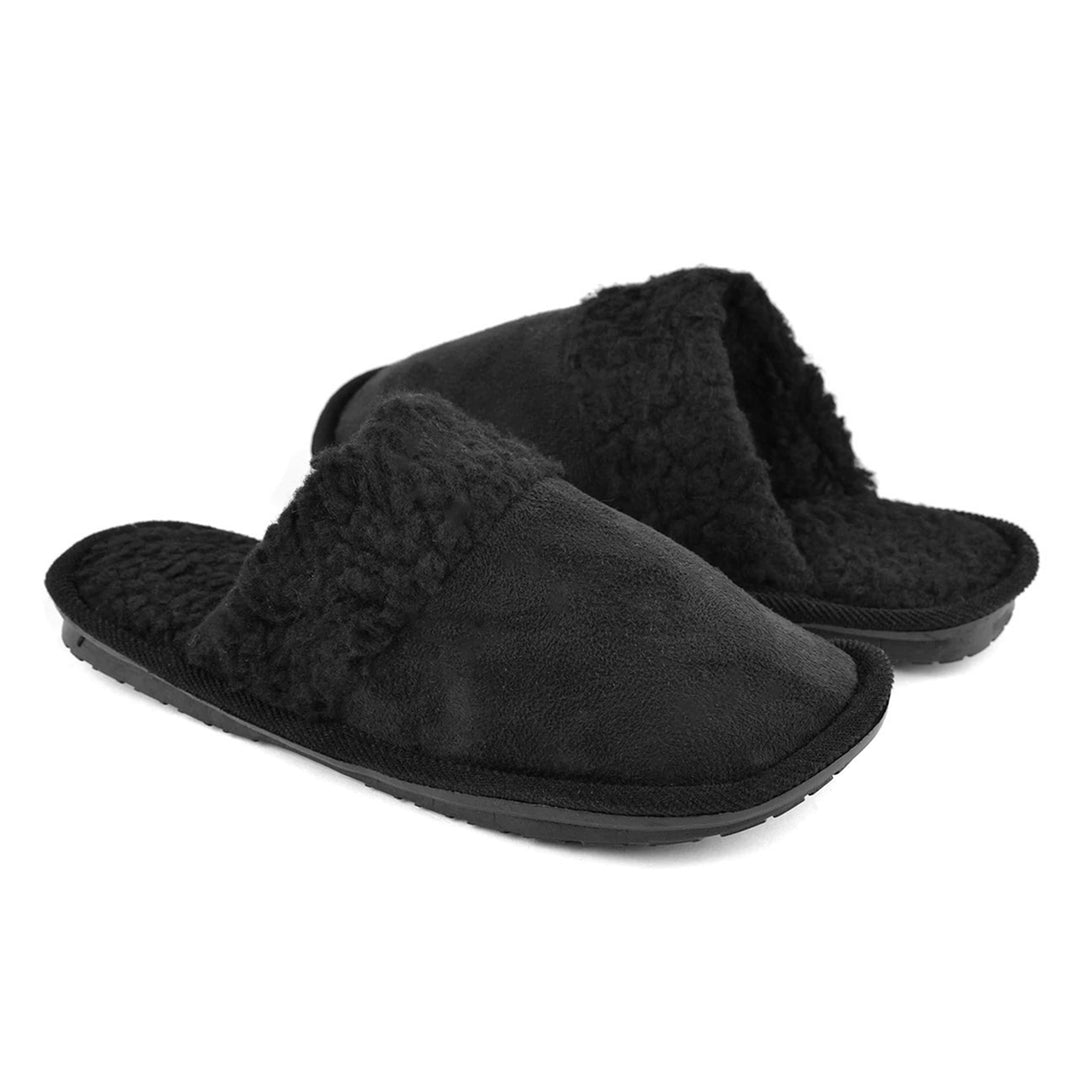 Solid Color Classic Comfy Fuzzy Slippers - Black - Large