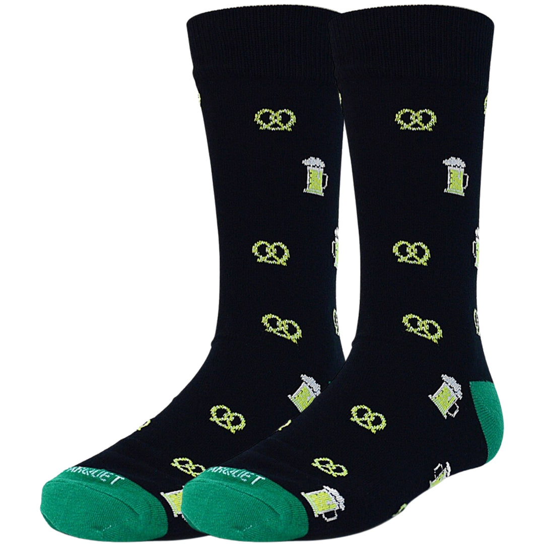 Pretzels and Beer Mugs Premium Novelty Crew Socks - Black Green