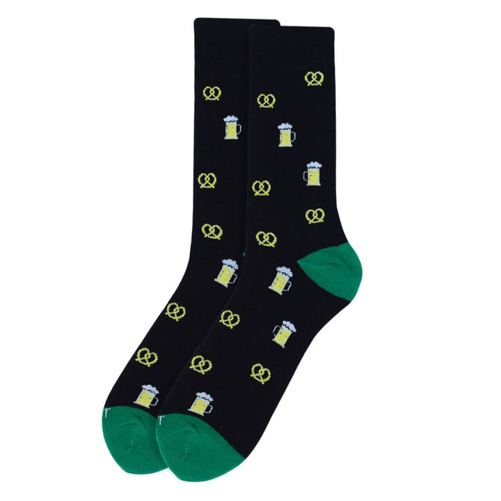 Pretzels and Beer Mugs Premium Novelty Crew Socks - Black Green